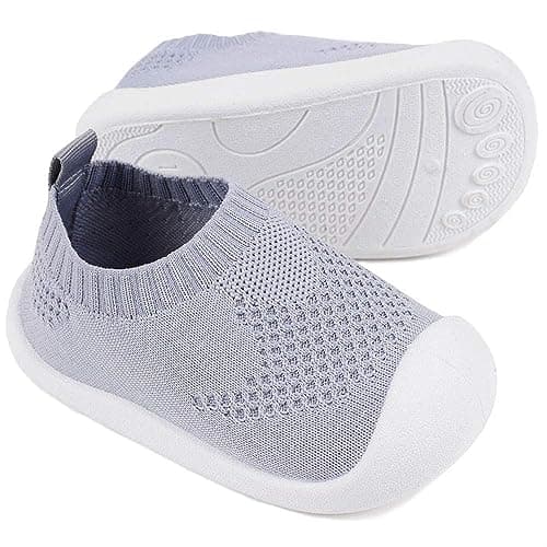 Baby First Walking Shoes 1-4 Years Kid Shoes Boys Girls Trainers Toddler Infant Soft Sole Non Slip Cotton Mesh Lightweight Breathable Slip-on Sneakers Indoor Outdoor Size 6 Grey