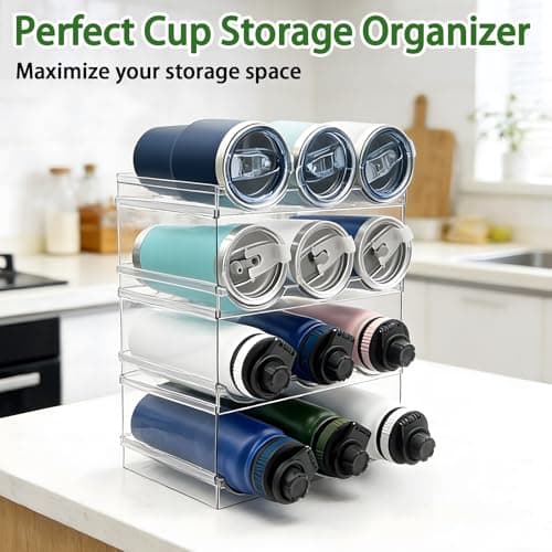 Water Bottle Storage Organiser for Cupboard, Stackable Rack for Fridge Pantry, Plastic Holder for Travel Mug, Tumbler, Thermos Flask — view 3