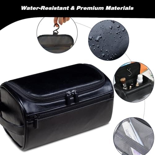 PU Leather Toiletry Bag for Men, Dark Brown Wash Bag for Travel, Gym & Shaving, Dry & Wet Separation with 3 Compartments - Perfect Men's Washbag (Black) — view 3
