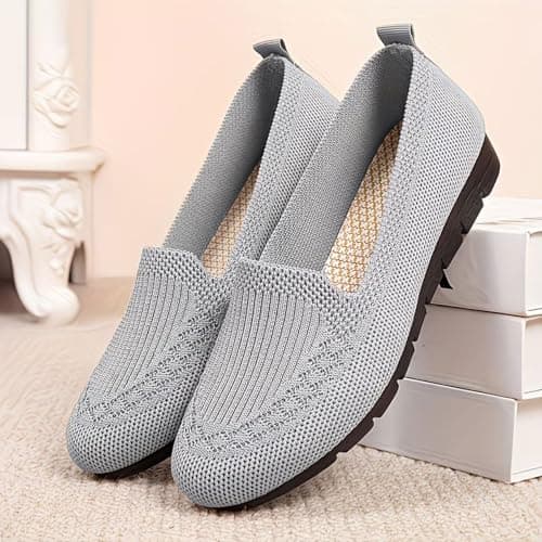 Boat Shoes Women Wide Fit Knitted Mesh Slip-On Flats Solid Color Breathable Low-Cut Casual Loafers with Soft Non-Slip Soles Lightweight Comfortable Walking Shoes for Everyday Wear Office Travel Grey — view 3