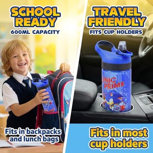 HOX SONIC PRIME Reusable BPA free Kids Atlantic Water Hydration Bottle with built in Carry Loop, Flip Up Spout and removeable straw - 600ml, Blue — view 4