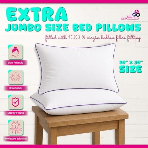 Extra Jumbo Bed Pillows Pair 20 x 30 Inch Soft Sleeping Pillow with Orthopedic Support Purple Piping for Side Back & Stomach Sleepers, White (Pack-2) — view 6