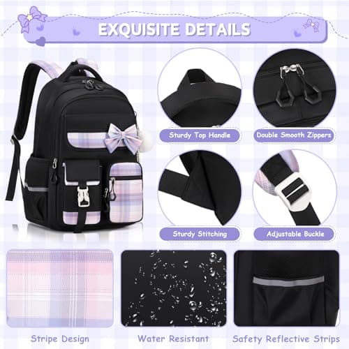Girls Backpack, Kids Backpack for Girls School Bags with Pen Case, Bow Plaid Book Bag for Elementary Middle Primary High School College — view 5