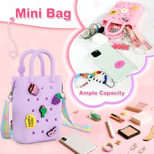 Oudizz Mini Rubber Tote Bag, EVA Waterproof Beach Tote for Little Girls And Woman, Silicone Hole Small Beach Tote for Travel Outdoor, Cute Rubber Beach Bag with 20 Charms & Adjustable Shoulder Strap — view 6