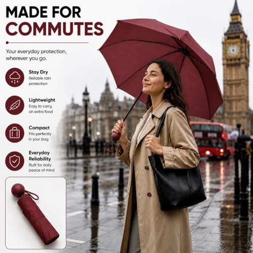 ONE BEST DEAL OBD Maroon Mini Compact Folding Umbrella Lightweight Portable Travel Rain Umbrella with Carry Strap and Storage Sleeve Small Pocket Umbrella for Handbag Backpack Women and Men — view 5