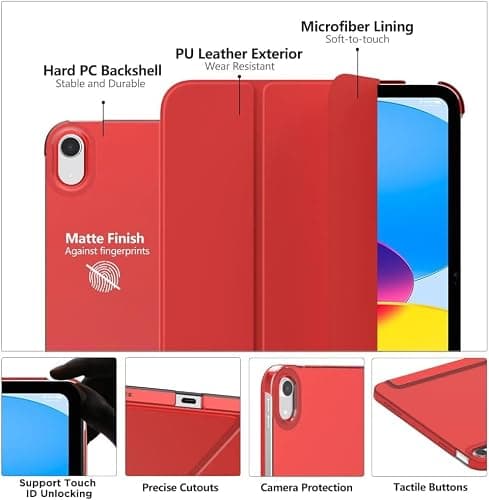 SU for iPad (A16) 11th Generation 11 Inch 2025/ iPad 10th Generation 10.9 Inch 2022, Slim Stand Hard PC Translucent Back Shell Smart Cover, Support Touch ID, Auto Wake/Sleep (Red) — view 4