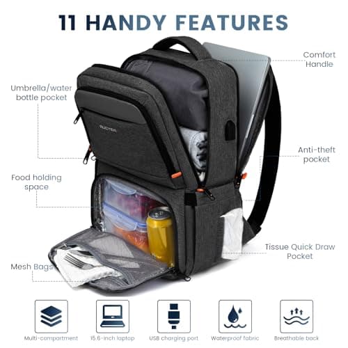 RUCYEN Lunch Backpack, Insulated Cooler Lunch Box for Men Women, 15.6 Inches RFID Blocking Laptop Backpack with USB Port Lunch Bag for Work Travel Black — view 2
