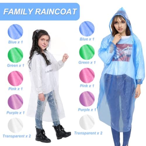 ZOCONE 12 Pack Poncho Waterproof Adult Kids Disposable Rain Ponchos Family Pack for Outdoor Camping Festivals Hiking Travel — view 3