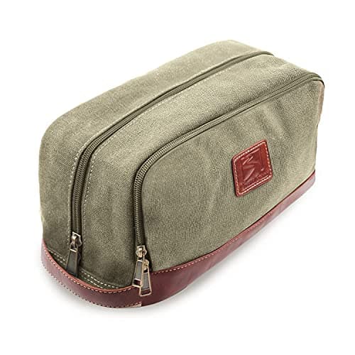 Seemeroad Travel Toiletry Bag for Men and Women, Canvas Toiletry Organizer Water-Resistant Vegan Leather, Hanging Dopp Kit Shaving Bag for Toiletries Accessories (Army Green, Large)