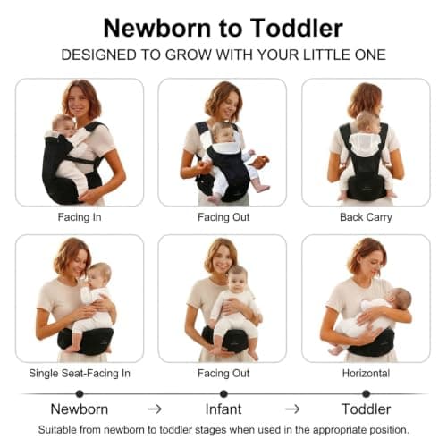 Bebamour Baby Carrier with Hip Seat, 6 Carrying Positions, Newborn to Toddler Baby Carrier 0-36 Months, Adjustable Waist & Padded Shoulder Straps, Head Hood, Pacifier Case & Teething Pads (Grey) — view 2