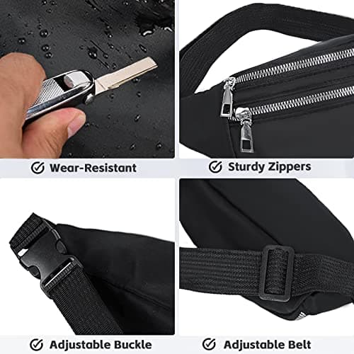 Black Bum Bag Fashion Waist Pack Bumbag for Women Men Lightweight Fanny Pack with 2 Zip Pockets & Adjustable Strap, Large Belt Bag for Dog Walking Running Hiking Jogging — view 5