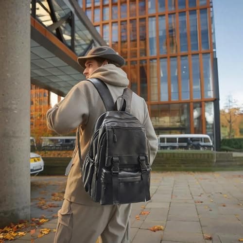 Fuaihui Black Leather Rucksack Men, PU Leather Laptop Backpack for Men, Water-Resistant 15.6 Inch Large Capacity Gothic Business School Travel Rucksack — view 2