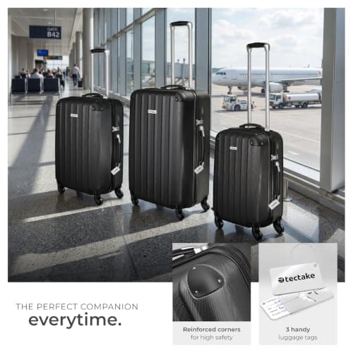 tectake® 3-Piece Hard Shell Suitcase Set in Durable & Shock-Resistant ABS with 3-Step, Telescopic Handles, Combination Locks, Smooth 360° Wheels, Luggage Scale & Tags, Dividable Interiors - Black — view 3