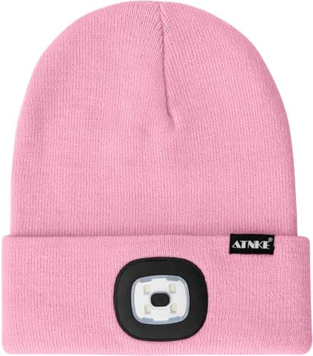 ATNKE LED Lighted Beanie Hat, USB Type C Rechargeable 4 LED Running Headlamp Ultra Bright Cap with Light Hands Free Head Torch Winter Warm Knit Beany Gifts for Men and Women/Pink — view 2