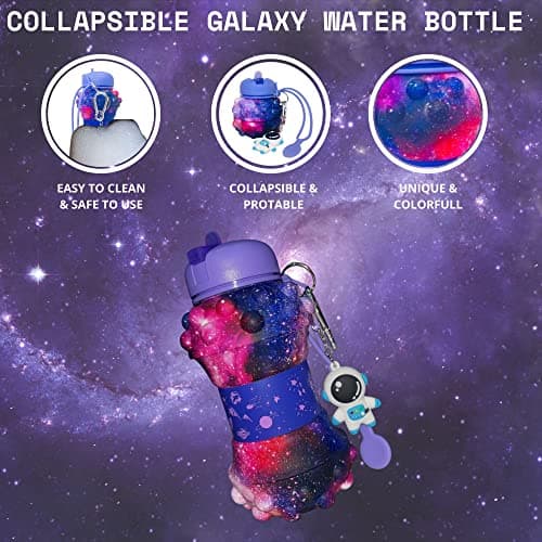CARESWAY Kids Water Bottle with Keyring – 500ml Girls & Boys Kids Drinks Bottle - Foldable Collapsible BPA Free Childrens Water Bottle - Poppet Fidget Kids Water Bottles for School (Galaxy) — view 6