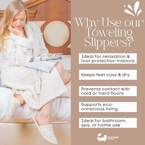 Eco Bath London Natural Toweling Slippers - Luxury 100% Organic Cotton, Ultra Soft, Machine Washable Indoor Slippers for Bath and Home, L Size (8-9) — view 5