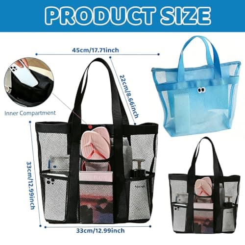 QWEPU Mesh Beach Bags, 2PCS Lightweight Large Pool Beach Tote Bag, Portable Mesh Beach Tote Bag Mesh Sand Bag Mesh Beach Bag Suitable for Pool, Beach, Travel (Blue+Black) — view 3