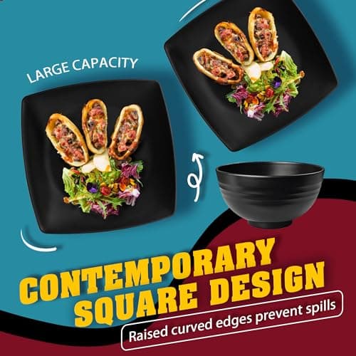 Teivio 44-Piece Kitchen Reusable Plastic Square Dinner Set for 4, Dinner Plate, Dessert/Tidbit Plate, Cereal/Fruit Bowl, Cup, Unbreakable Plastic Plate and Bowl Set, Outdoor Camping Dish, Black — view 3