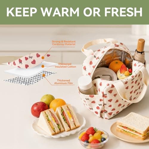 Arae Corduroy Insulated Lunch Bag Large Reusable Tote with Side Pockets Cooler Box for Work Picnic Travel Water Bottle Holder Collapsible Portable - Beige Heart — view 2