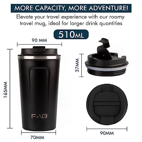 FAB Travel Mug, Reusable Coffee Cup (510ml, Black) - Double Wall Stainless Steel with Screw Lid - Thermal Camping Cup, Vacuum Insulated for Hot and Cold Drinks, Eco-Friendly — view 2