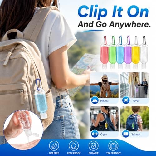 5 Pack 50ml Travel Bottles with Carabiner Clips, Refillable Empty Toiletry Containers for Hand Sanitiser, Shampoo, Lotion & Shower Gel, Leakproof BPA Free Mini Bottles for Travel, Hiking, Gym & School — view 2