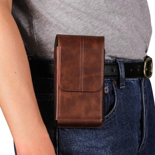 Leather Phone Waist Pack Mens Brown, Cell Phone Belt Clip Pouch, 7.2" Vertical Leather Smartphone Waist Bumbag Wallet with Belt Loop Card Holder Carrying Case Smartphone Sport Travel Purse — view 6