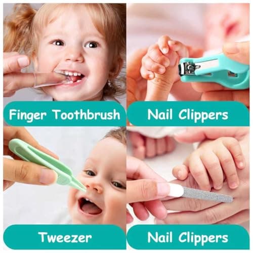 Baby Healthcare and Grooming Kit, 26 in 1 Portable Baby Safety Care Set with Hair Brush Comb Nasal Aspirator Electric Nail Trimmer Set Baby Essentials kit for Newborn Boys Girls (Green 26 in 1) — view 5