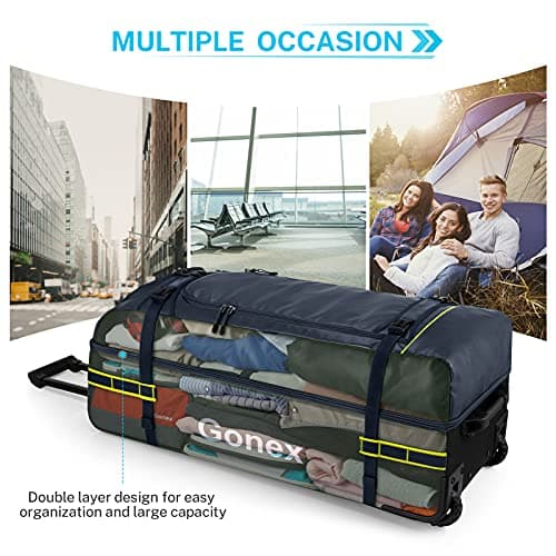 Gonex Wheeled Duffel Bag 100L Water-Repellent Rolling Luggage with Wheels Travel Holdall Bag for Men Women 33 inch, Navy Blue — view 3