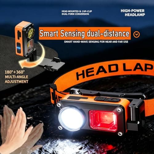 Legisgiant 2xSet Rechargeable LED Head Torch, 100000 LM, 5 Modes, IPX7 Waterproof, Zoomable, Red Warning Light for Running, Hiking, Fishing (Yellow) — view 4