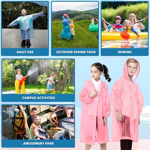 WOHSEROM 2 Pack Rain Ponchos for Kids Reusable,Thickened EVA Travel Raincoat Jacket with Hoods and Sleeves,Lightweight Light Pink Capes Ponchos for Boys and Girls Outdoor Camping Travel — view 6