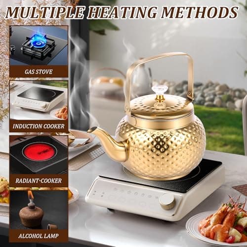 1.5/2 Litre Gold Hammered Tea Kettle Stainless Steel Coffee Pot Loose Leaf Teapot with Strainer Stovetop Tea Kettle Outdoor Camping Travel Supplies Gift for Women(2L) — view 4