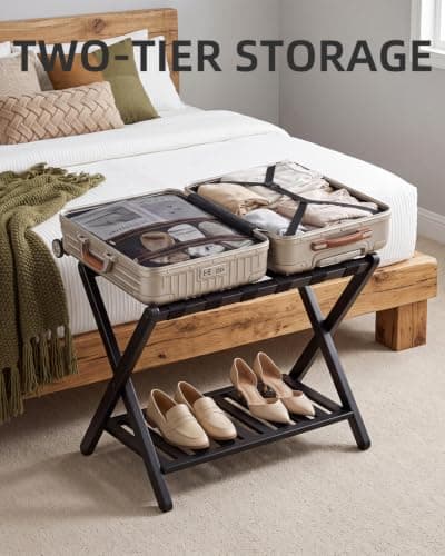 SMIBUY Luggage Rack, Foldable Bamboo Suitcase Stand with Storage Shelf for Guest Room, Bedroom, Hotel, Heavy-Duty (Black) — view 2