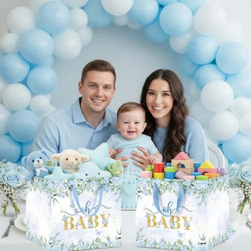 Extra Large Baby Boy Gift Bag, Baby Shower Square Gift Bags Blue Floral Wrapping Paper Bag Oh Baby Jumbo Gift Bags for Boys New Parents Gender Reveal Party Favors — view 6