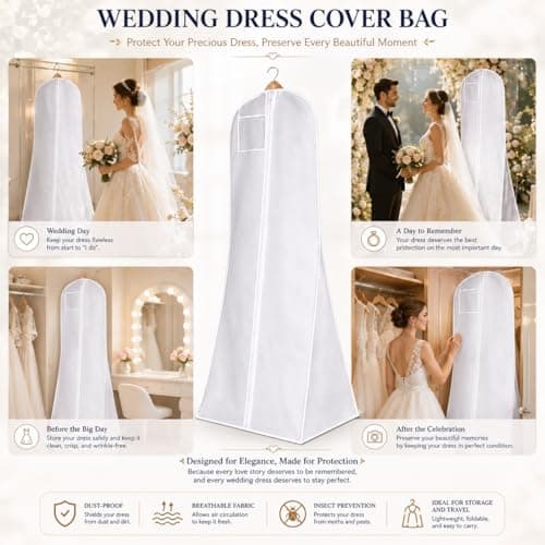 Hanging Wedding Dress Cover 180x60x40cm, Bridal Gown Garment Cover Storage Bag, Full Length Travel Protector for Bridal Dress, Long Clothes Storage Cover, Dust Proof Garment Bag with Zipper for Women — view 6