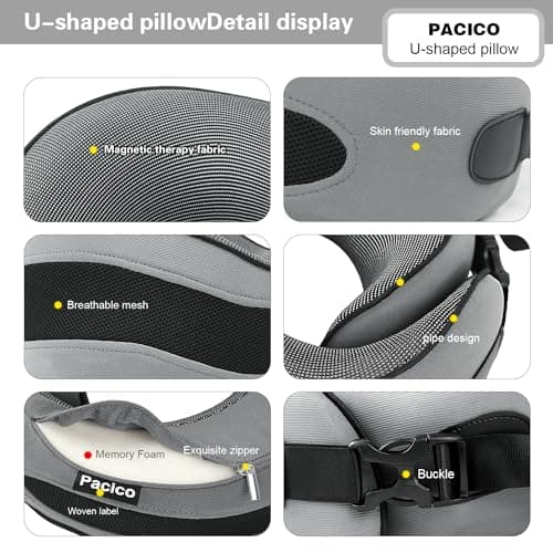 Pacico Travel Pillow, Neck Pillow, 100% Pure Memory Foam Sleeping Pillow for Car, Train and Airplane, Travel Kit with 3D Contoured Eye Masks and Earplugs, Dark Grey — view 5