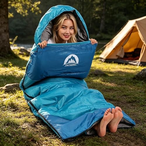 Sleeping Bag 3 Seasons (Summer, Spring, Fall) Warm & Cool Weather - Lightweight,Waterproof Indoor & Outdoor Use for Kids, Teens & Adults for Camping Hiking, Backpacking and Survival (Sky Blue) — view 3