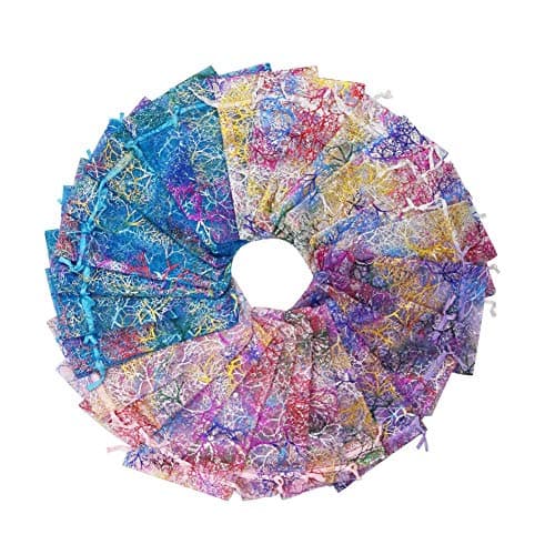 SumDirect 100Pcs Mixed Color Coral Pattern Organza Bags Wedding Party Gift Favor Bag Jewelry Pouches for Christmas (10x15cm)…