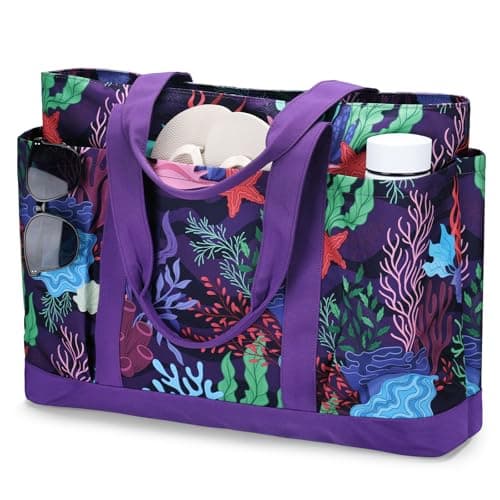 VASCHY Large Beach Bag with Zip, 30L Oversized Utility Travel Tote Bags for Women Waterproof Sandproof Summer Bag with Wet bag Foldable Handbag for Holiday Pool Gym Shopping Purple Coral