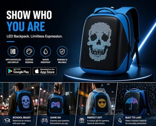 LED Screen Backpack with App Control, Customisable Display, Lightweight Water-Resistant Rucksack Bag for School, Travel & Cycling (Dark Blue) — view 5