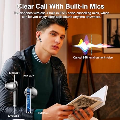 Wireless Earbuds, Bluetooth 5.4 Headphones 2024 Wireless Headphones with Deep Bass, New Mini Bluetooth Earphones in Ear 4 ENC Mic, Noise Cancelling Ear buds 30H Bluetooth Earbud Dual LED Display, Cyan — view 2