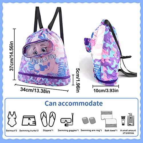 EQLEF Drawstring Bag Kids Swimming Bag, Waterproof Swim Bag Girls Swimming Bag Dry-Wet Separation Beach Backpack with Zippered Pocket Shoe Compartment Sports Gym PE Beach Bag for Girls — view 6
