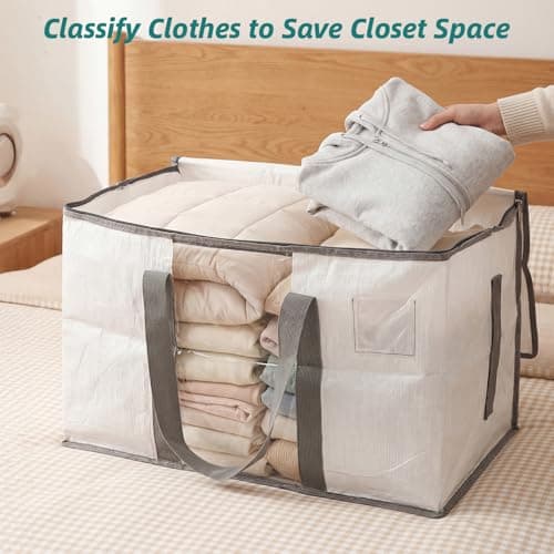 RLAVBL 90L Storage Bags with Zips 4 Pack, Heavy Duty Large Moving Bags with Handles and Label Pocket, Clear Window Packing Laundry Bags for Clothes, Blankets and Bedding, Grey and White — view 4