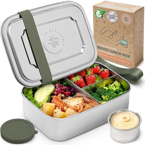 Everusely - Bento Box - Sage, 47oz / 1.4 L - Large Stainless Steel Lunch Box with Leakproof Condiment Container - 3 Compartment Snack Container Office Meals - Freezer & Dishwasher Safe
