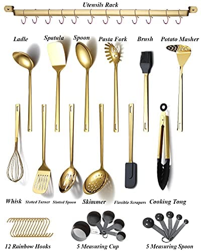 Gold Cooking Utensils Set,Kyraton Stainless Steel 37 Pieces Kitchen Utensils Set with Titanium Gold Plating,Kitchen Gadgets Cookware,Kitchen Tool Set with Utensil Holder. Dishwasher Safe — view 2