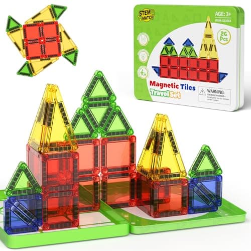 Magnetic Tiles Mini Travel Toy for Kids: 26pcs Compact Tin Case On-the-Go