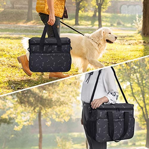 Zwini Dog Travel Bag Washable Storage Supply Tote Thermal Bag with Compartments, Foldable Feeder and Drinker (Black) — view 6