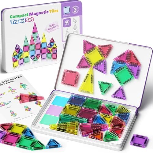 40PCS Mini Magnetic Tiles Travel Set with Metal Tin - Building Base & Storage, Portable Travel Toys for Kids Road Trip Aeroplane, STEM Educational Magnet Tiles for 3+ Boys Girls Toddlers
