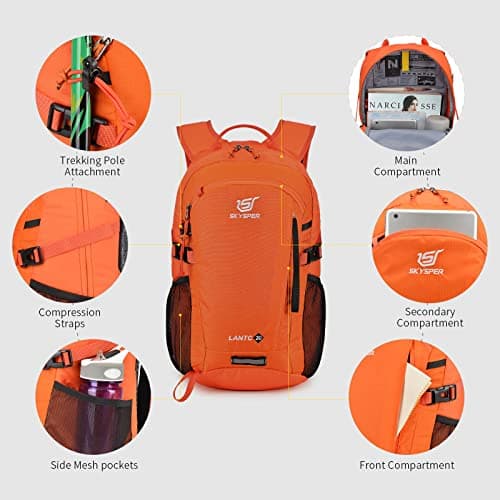 SKYSPER Small Hiking Backpack, 20L Lightweight Travel Backpacks Hiking Daypack Rucksack Women Men for Trekking Backpacking Outdoor Sports(Orange) — view 5