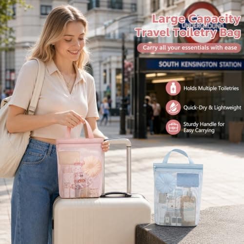 2-Piece Shower Bag and Portable Shower Caddy Set (Pink and Blue) — view 5