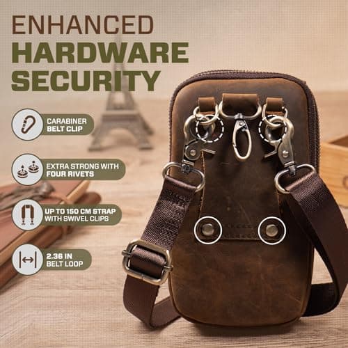 Hengwin Multifunctional Genuine Leather Double Zip Bags Men Vintage Look Shoulder Bag Mobile Phone Belt Bag Phone Holster for Travel, Outdoor Activities (Coffee) — view 5